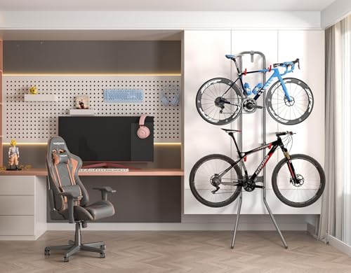 Vertical Bike Rack for 2 Bicycles - Slim Wall Leaning Storage with Adjustable Arms - Silver