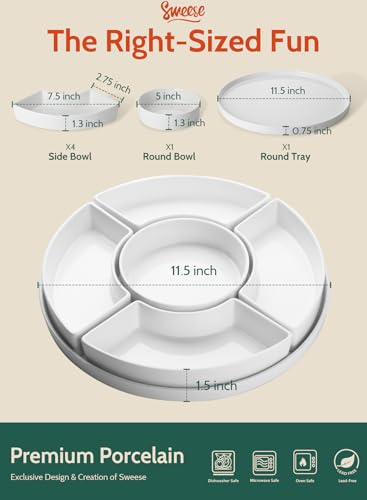 Sweese Porcelain Divided Serving Dishes Set - White, 5 Compartments for Party Snacks