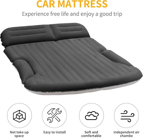 KMZ Dark Gray SUV Air Mattress with 2 Pillows & Electric Pump, Double-Sided Flocked Camping Bed