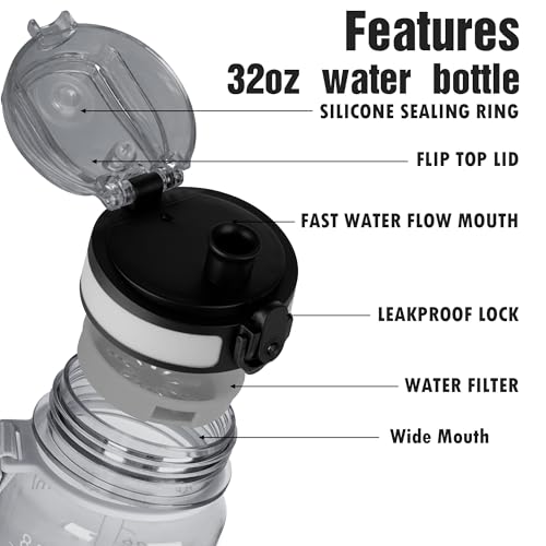 Oldley 32oz Motivational Water Bottle with Time Marker - Smoke Grey