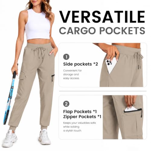 Women's Lightweight Cargo Hiking Pants with Pockets, Elastic Leg Opening, Large Size - Apricot
