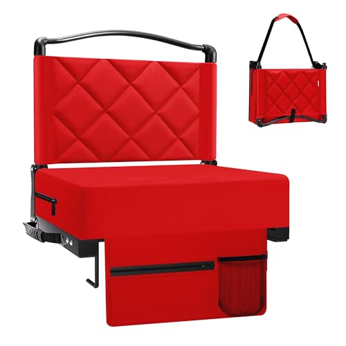 Portable Stadium Seat with Back Support & Cushion, Foldable Bleacher Chair with Cup Holder & Storage