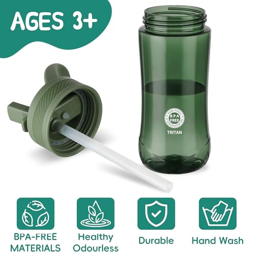 Kids Water Bottle 14oz BPA-Free Tritan with Straw Lid & Handle - Army Green