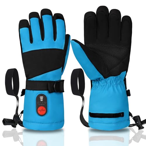 Kids Rechargeable Heated Ski Gloves Blue Large - Water & Windproof, 3-Heat Settings