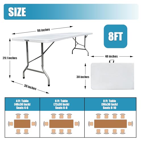 8ft Heavy Duty Foldable Plastic Banquet Table - No Assembly, Portable