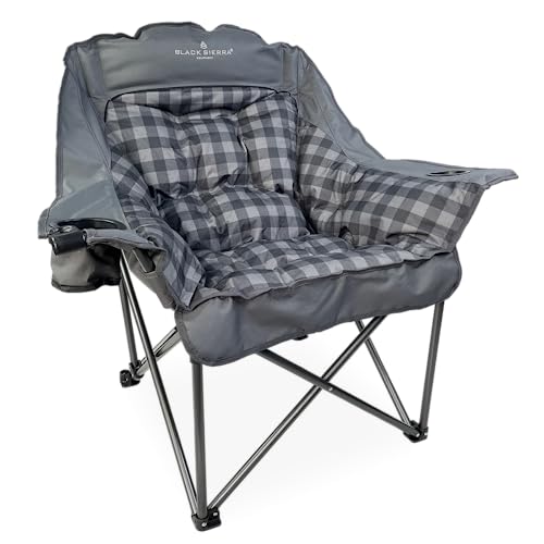 Black Sierra XL Padded Camping Chair - Heavy Duty Folding Seat with Cup Holders - Black & Grey