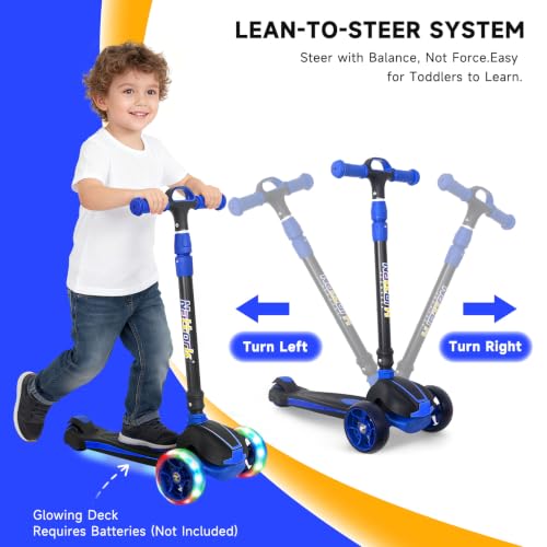 Nattork Kids Blue Scooter for Ages 3-8, 4-Height Adjustable, Light-Up 3-Wheels, Foldable, Lean-to-Steer, 120LB Capacity