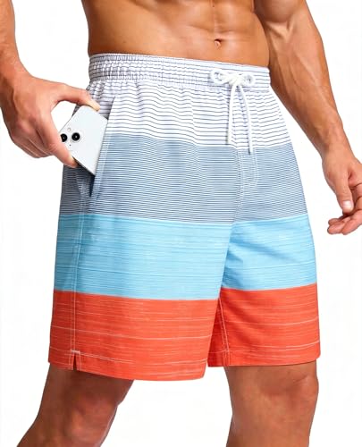 Men's 7-Inch Quick Dry Tricolor Stripe Swim Trunks with Mesh Lining - Large