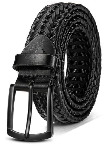 Black Braided Leather Belt for Men 1 3/8 Inch Holeless Golf Belt - Adjustable Waist 32-36 in Gift Boxed