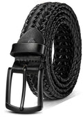 Black Braided Leather Belt for Men 1 3/8 Inch Holeless Golf Belt - Adjustable Waist 32-36 in Gift Boxed