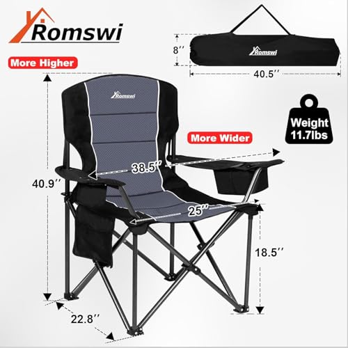 Romswi XL Oversized Camping Chairs 500LBS Support Folding Outdoor Chairs with Cooler Bag & Cup Holder, Black 2-Pack