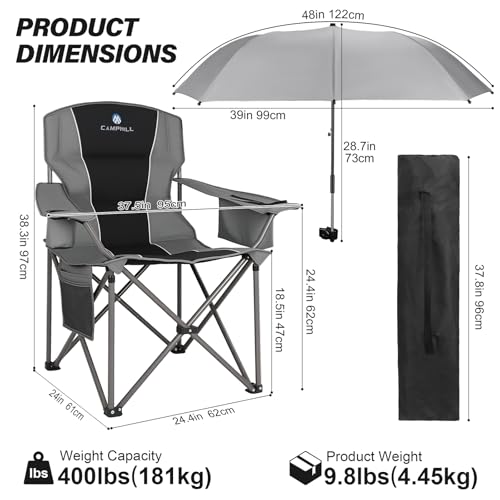 Black 2 Pack Oversized Camping Chairs with Adjustable Umbrellas and Padded Backrest