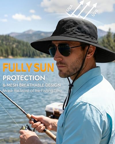 Wide Brim UV Sun Hat for Men Women Waterproof Bucket Hat Black - Sun Protection