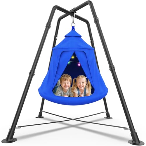 Blue Kid Tent Swing Set with Hammock Chair and X-Shaped Stand - Supports 330 lbs