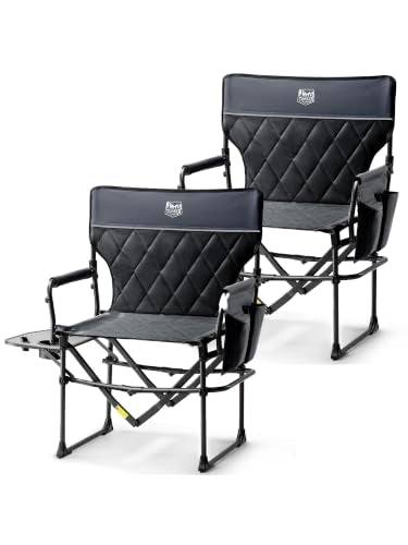 Heavy Duty Camping Chair with Side Table & Cup Holder - Black - 2 Pack