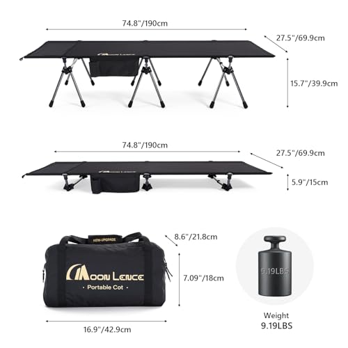 Camping Cot with Adjustable Height - Lightweight Folding Bed for Hiking Beach Office Nap - Black