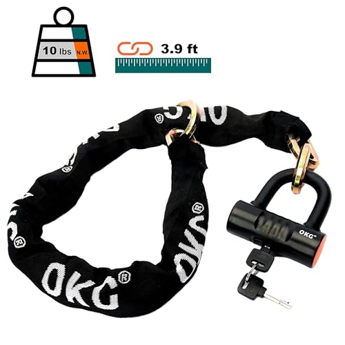 OKG Heavy Duty Chain Lock Kit - 4 ft x 1/2 inch (12mm) Security Chain & U Lock for Motorcycle, Moped, ATV, Trailer, E-Bike - 4 Keys