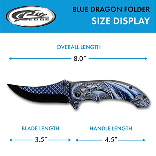 Blue Assisted Opening Folding Knife with Dragon Design - 8-Inch EDC Utility Knife
