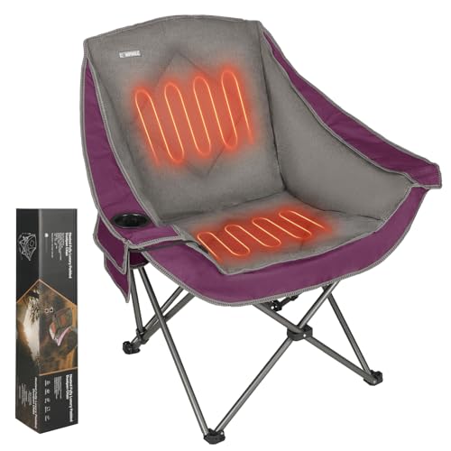 CAMPHILL Purple Heated Camping Chair with Padded Seat & Cup Holder - Oversized Folding Lawn Chair, Heavy Duty, Portable for Outdoor Use