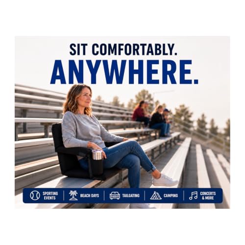 Portable Folding Stadium Seat with Back Support & Cup Holders - Bleacher Chair with Reclining Backrest, Padded Cushion, Armrests, Storage Pocket, Lightweight