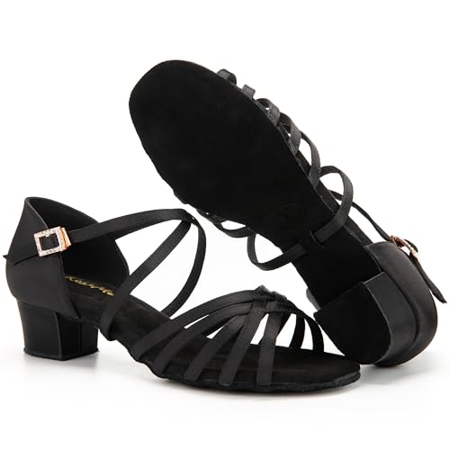 RoseMoli Women's Satin Latin Dance Shoes Low Heel Ballroom Salsa Tango Practice - Black 8