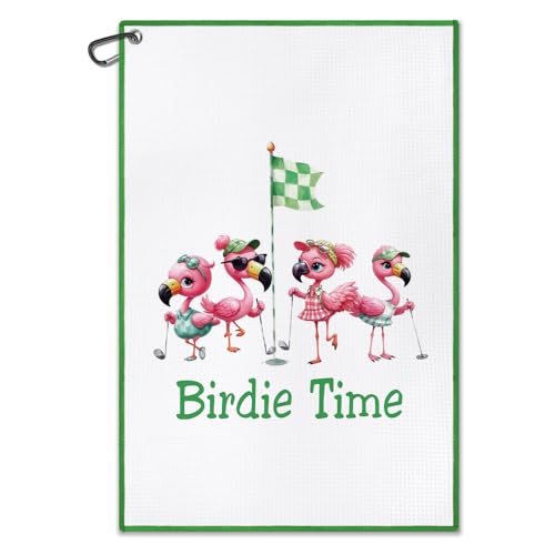 White Birdie Time Flamingo Golf Towel with Clip - Women Golf Accessories