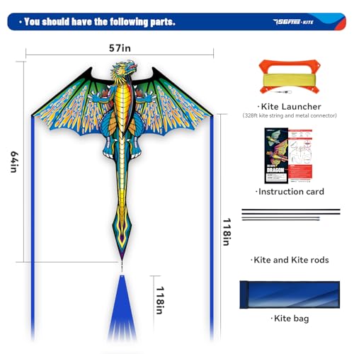 Green Pterosaur Complete Kite with Handle Line & Accessories for Kids & Adults