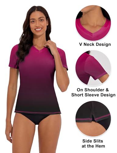 Women's V-Neck Short Sleeve Rash Guard Swim Shirt for Water Sports