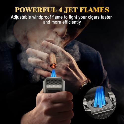 XIFEI 6-in-1 Cigar Lighter with Straight & V-Cut Cutter, Dual Punch & Stand - Gray