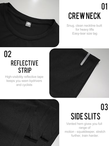 Men's Athletic Workout Shirt - Quick Dry Moisture-Wicking Running Tee - Black, X-Large
