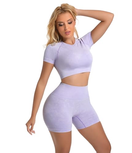 Women’s Acid Wash Workout Sets - Purple Medium, Crop Top & Running Shorts