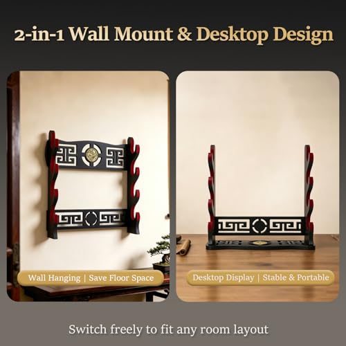 4-Tier Sword Wall Mount & Desktop Rack with Red Velvet Lining, Wall & Freestanding Display