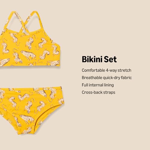Girls Cross-Back Bikini Set – Quick-Dry Fabric, Small / Golden Yellow Beige Leopard