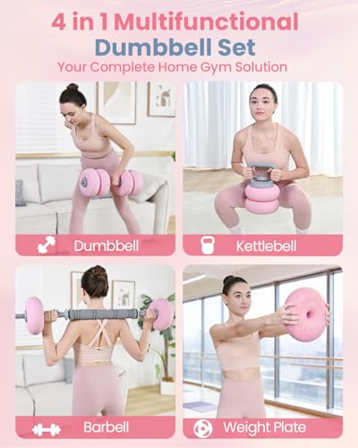 Pink 35LB Adjustable 4-in-1 Dumbbell Set | Kettlebell, Barbell, Plates
