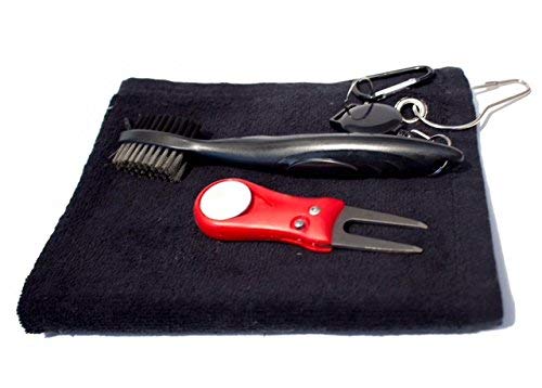 Golf Cleaning Brush Divot Tool Towel Combo (Black Brush Red Divot Tool)