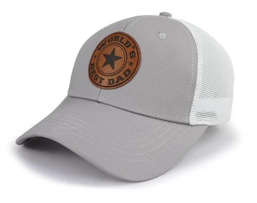 World Best Dad Ever Trucker Hat - Gray One Size with Leather Patch, Dad's Day Cap