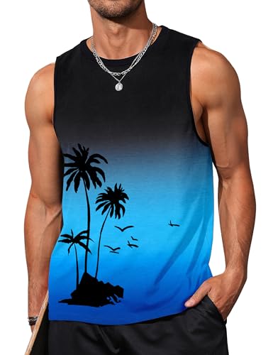 Men's Tank Top Beach Shirt 4X-Large Black & Blue Graphic Palm Tree Vacation Muscle Gym Sleeveless