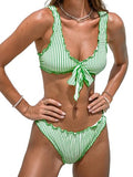 Women’s Bikini Sets V Neck Ruffle High Cut Low Rise Swimwear - Green/Striped, Large