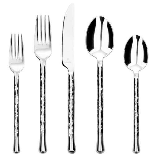 Silver Flatware Set 20pc Hammered Stainless Steel Cutlery - Forged & Durable Variation of This Listing