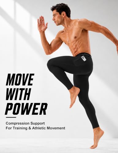Roadbox Men's Compression Pants with Pockets - Black, Large, Workout Leggings