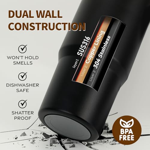 Stainless Steel 24 Oz Water Bottle with Straw – Vacuum Insulated Tumbler (Black) 12-24 Hrs