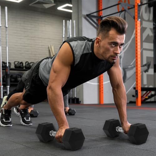 Black 60LB Signature Fitness Rubber Encased Hex Dumbbell Set with Rack