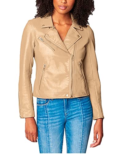Women's Vegan Leather Motorcycle Jacket - Semi Fitted, Medium/Natural Light