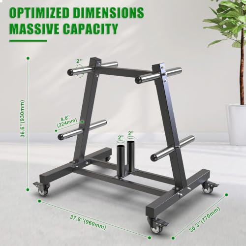 Black Olympic Weight Plate Tree Rack with Wheels - Holds 650 LBS for Home Gym