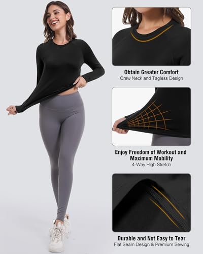 Women's Long Sleeve Compression Shirt Sun Protection Workout Underscrubs - Small, 2 Pack Black & White