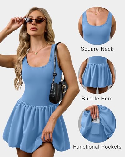 Women's Athletic Tennis Dress with Pockets - Bubble Hem, Light Blue, Large