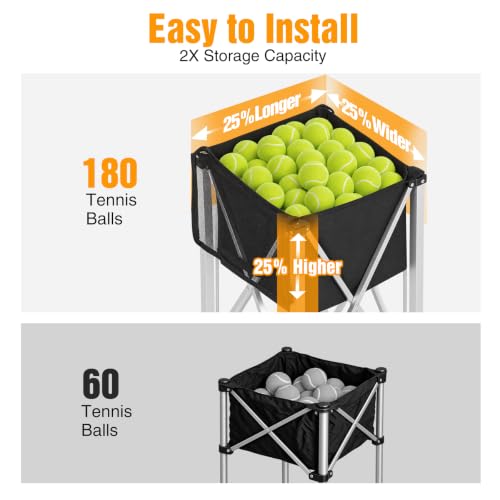 Silver Aluminum Portable Tennis Ball Hopper with 180 Capacity & 4 Wheels - Detachable Oxford Bag, Black