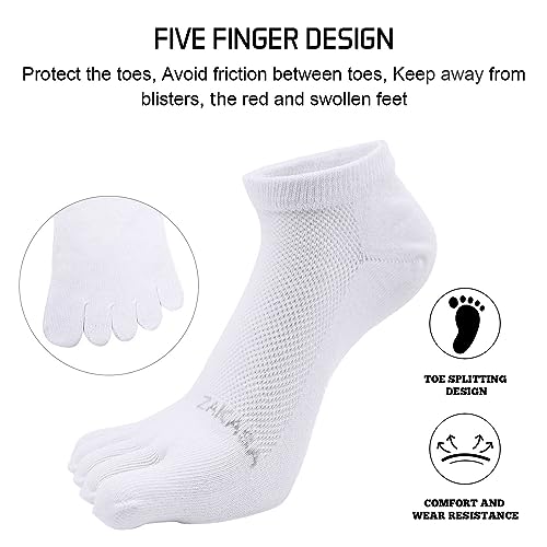 CaiDieNu No Show Toe Socks for Men - Five Finger Cotton Running Ankle Socks 13-15 White
