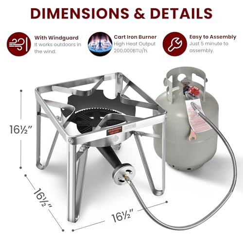 Stainless Steel 200,000 BTU Propane Burner with Regulator - Outdoor Gas Stove