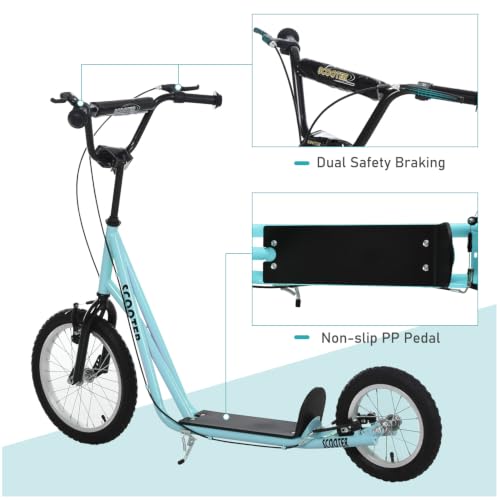 Aosom Youth Kick Scooter for Teens - Adjustable Handlebar, Blue, 16" Front & 12" Rear Inflatable Wheels, Dual Brakes, 5+